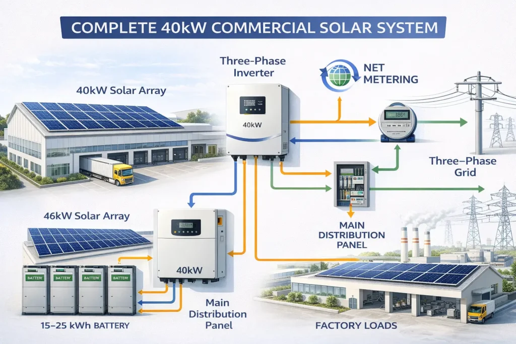 Technical diagram of 40kW commercial solar system showing solar panels, three-phase hybrid inverter, battery storage, distribution panel, and grid connection with net metering arrows.