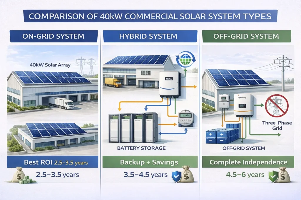 Comparison infographic showing 40kW on-grid, hybrid, and off-grid solar systems with key differences in components, cost, and backup capability.