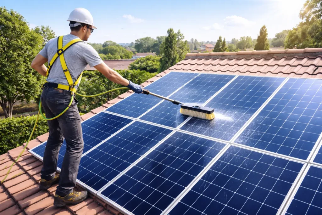 Cleaning solar panels under the sun