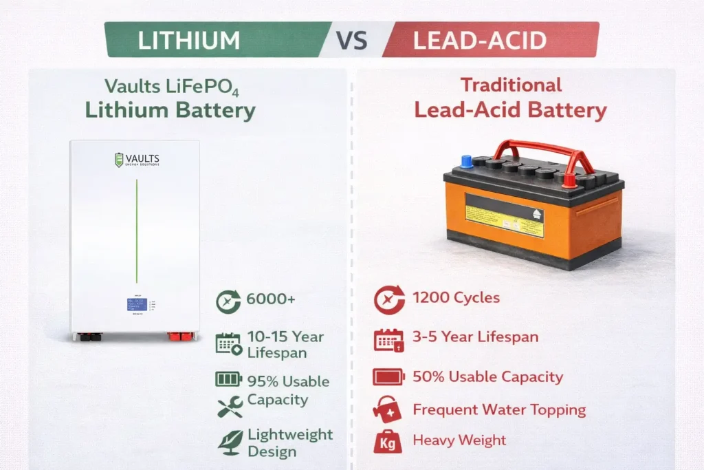 Comparison infographic showing Vaults lithium battery advantages including longer cycle life, higher usable capacity, and maintenance-free operation over lead-acid batteries.