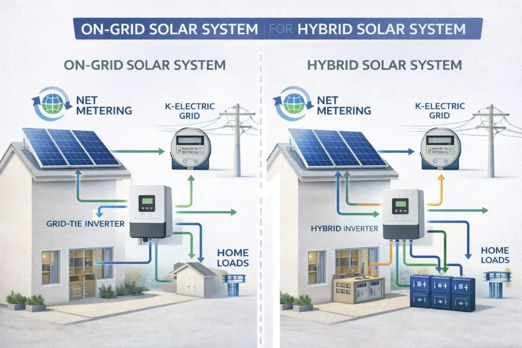 Technical diagram comparing on-grid solar system (solar panels to K-Electric grid meter) and a hybrid solar system (solar panels to inverter to batteries and grid) with labeled components.