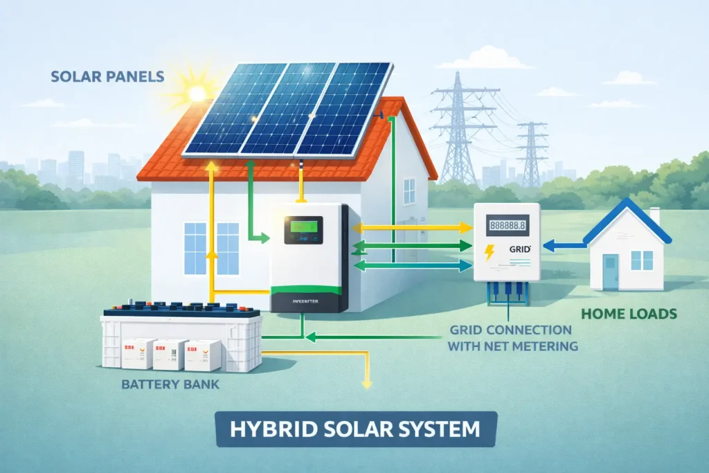 On-Grid vs Off-Grid Solar Systems: Which is Best in 2026 4 Hybrid solar energy system