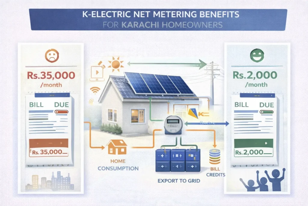 Infographic showing K-Electric net metering benefits for Karachi homeowners with before and after electricity bills comparison and solar panels in background.