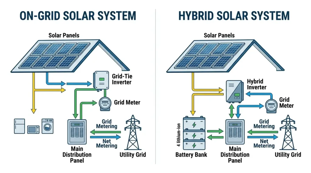 Technical diagram comparing on-grid solar system (solar panels to grid meter) and hybrid solar system (solar panels to inverter to batteries and grid) with labeled components.