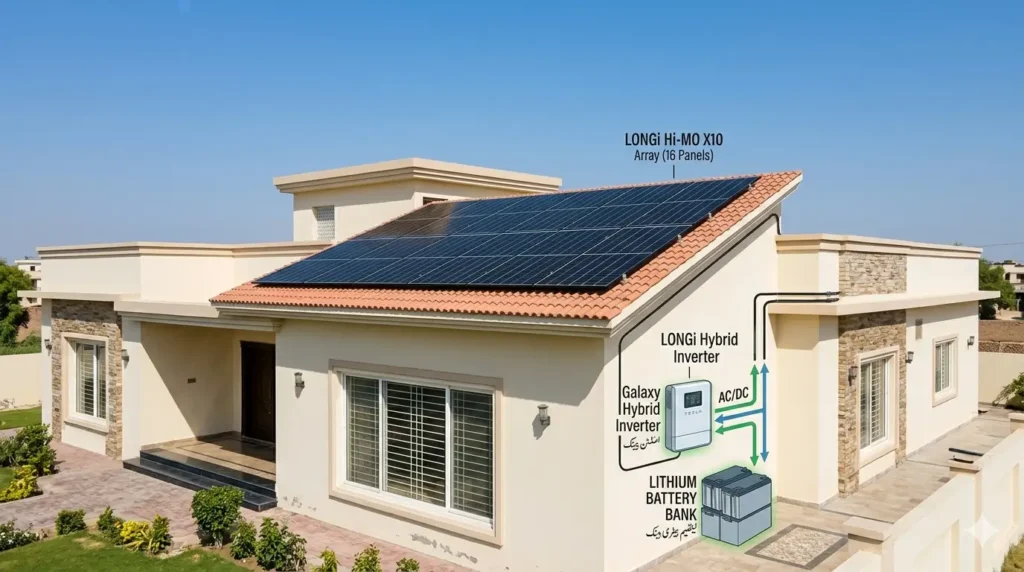 Residential solar panel installation on a modern home rooftop in Bahawalpur, Pakistan, with bright sunny sky and blue panels arranged in neat rows.