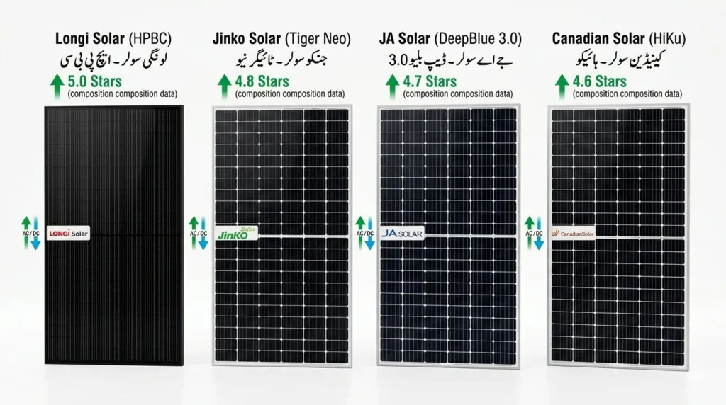 Latest Solar Panel Price in Bahawalpur: Four solar panels from leading brands Longi, Jinko, JA Solar, and Canadian Solar displayed side by side on white background with brand labels.