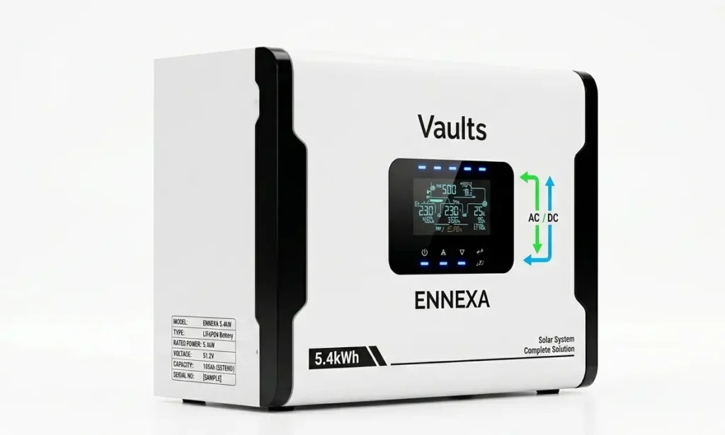 Vaults Ennexa 5.4kW lithium battery displayed on white background showing sleek wall-mount design with blue LED indicators.