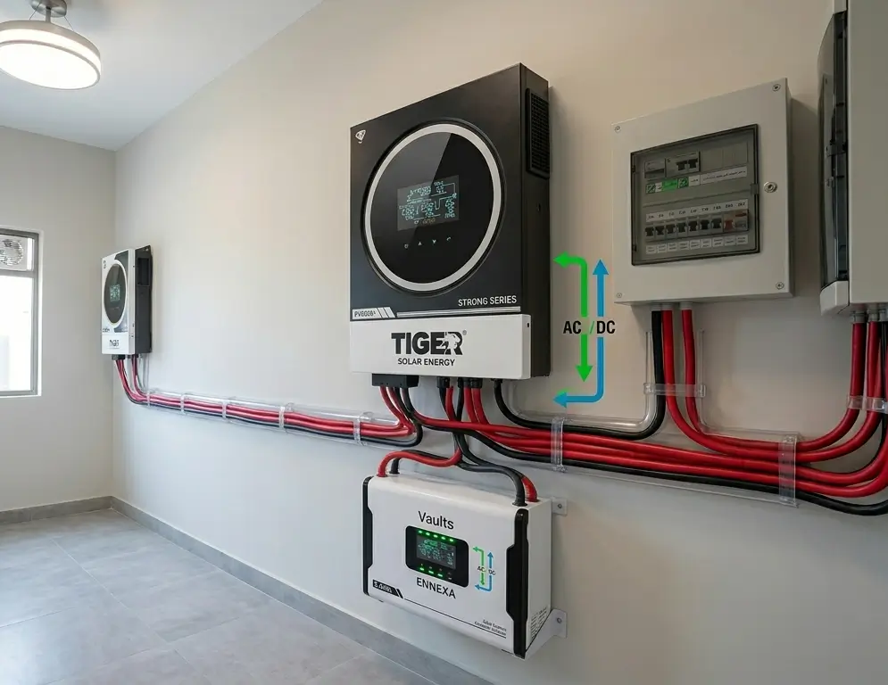 Vaults Ennexa lithium battery wall-mounted next to hybrid inverter in Pakistani home utility room with clean cable management and green LED indicators.